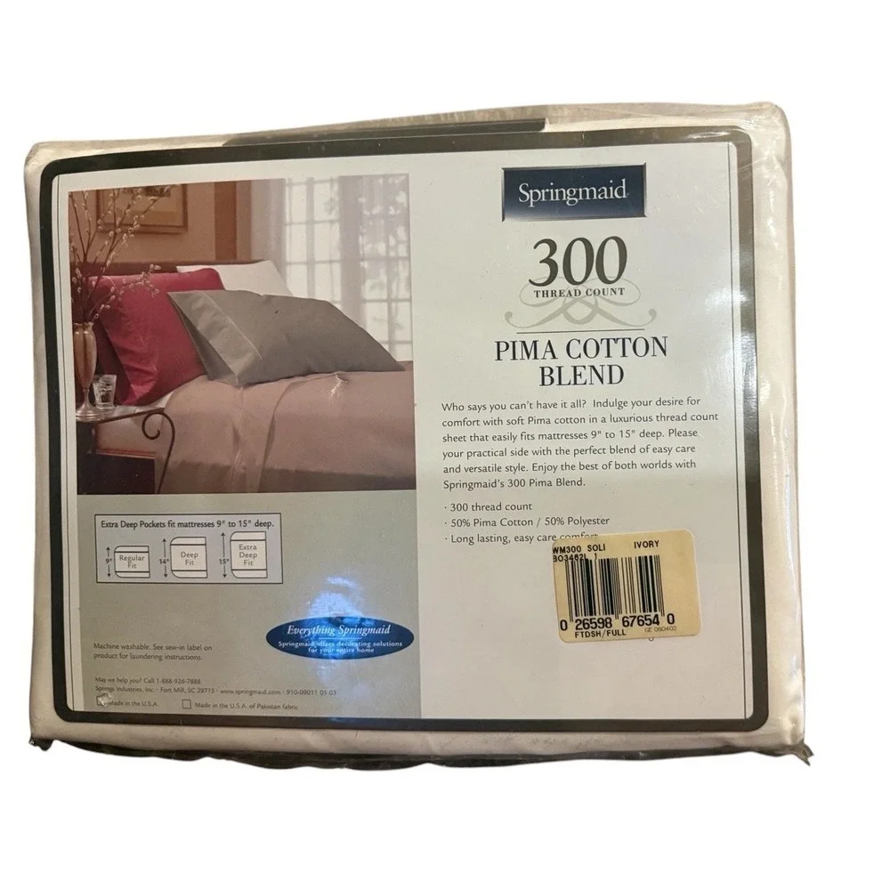Springmaid Solid Full Fitted Sheet 300 Thread Count Ivory Extra Deep Pockets New
